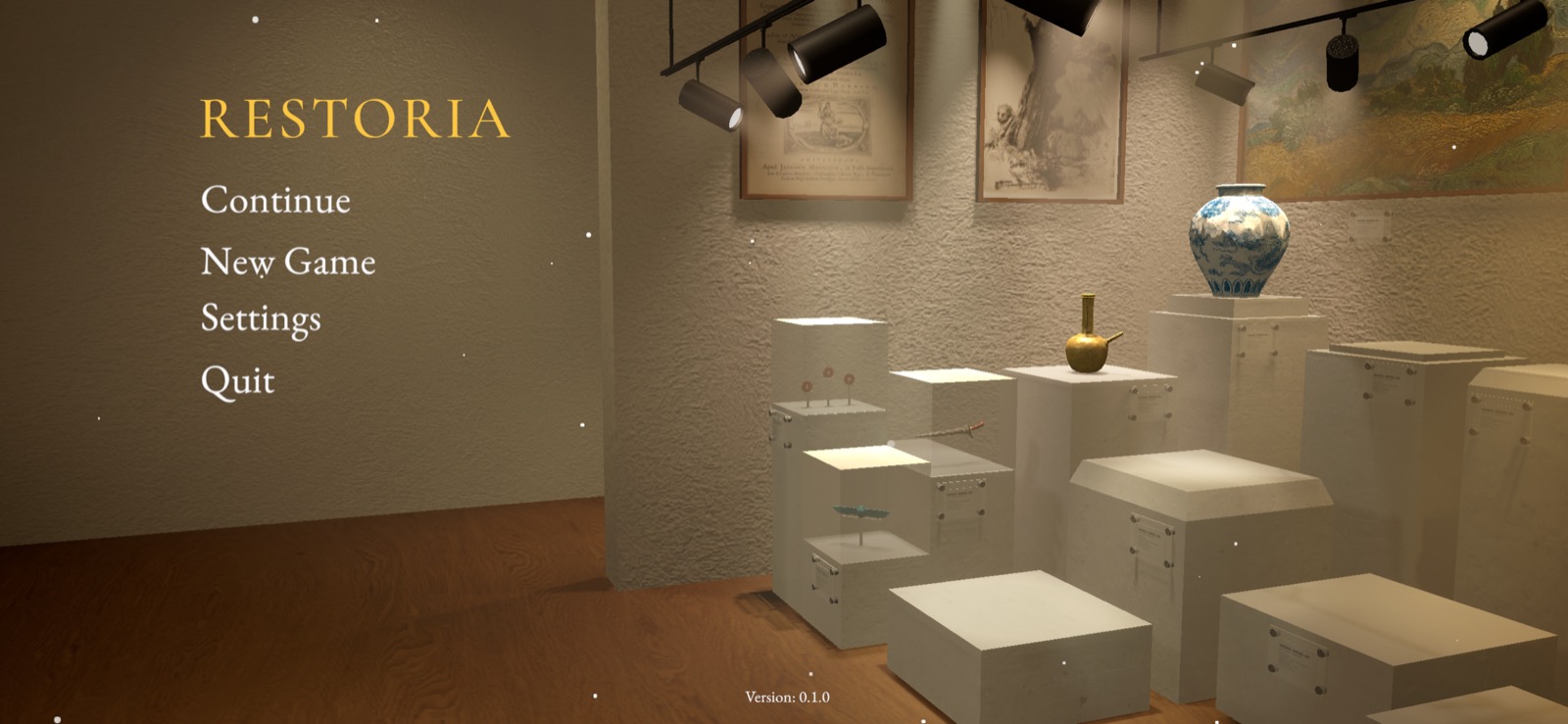 Restoria main menu with the museum display